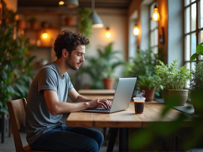 A focused digital nomad typing on a laptop at a cozy café with a steaming cup of coffee, surrounded by plants and soft ambient lighting, creating a calm and productive atmosphere.