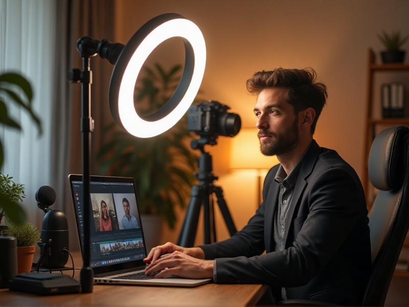 A content creator filming a tutorial video in a well-lit home studio, with a DSLR camera mounted on a tripod, a ring light providing soft illumination, and a laptop open for editing. The scene exudes professionalism and dedication to quality.