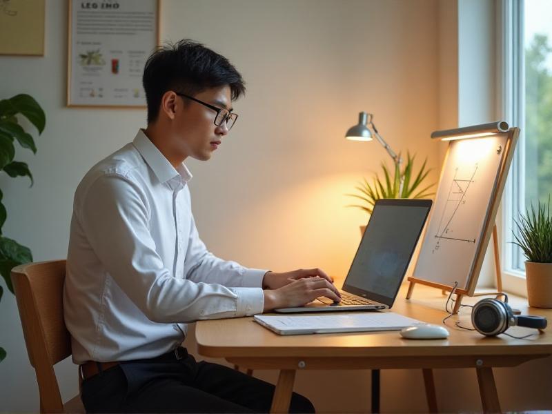 A tutor setting up a home office with a laptop, headphones, and a whiteboard, in a bright and organized workspace.