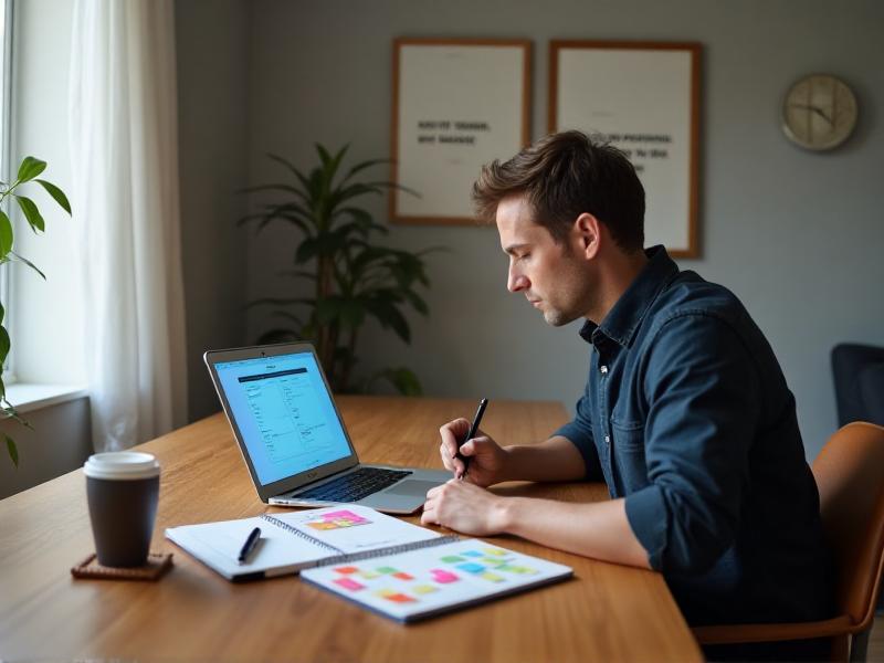 A person sitting at a desk with a laptop, a notebook, and a cup of coffee. They are using a planner to organize their tasks, with colorful sticky notes and a pen nearby. The desk is well-organized, and the person appears focused and productive, illustrating effective time management in a home office setting.