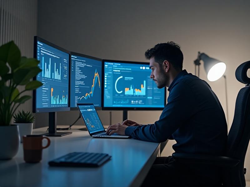 A business owner working on a laptop with multiple screens displaying analytics and project management tools. The workspace is organized with a coffee mug and a plant, symbolizing growth and efficiency in scaling a business.