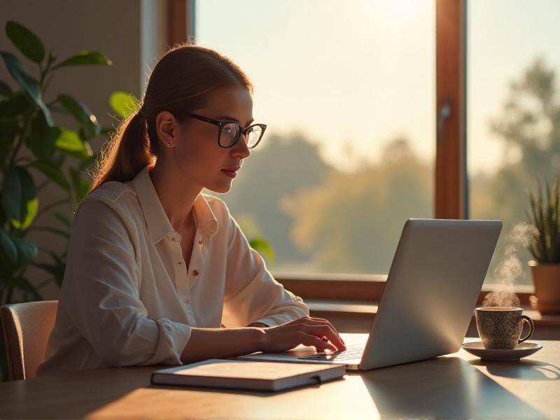 A digital marketer analyzing data on a laptop in a bright, modern home office. The screen displays a dashboard with website traffic metrics and social media analytics. A notepad and a cup of coffee sit on the desk, adding a personal touch. The room features a large window with sunlight streaming in, creating a cheerful and productive atmosphere.