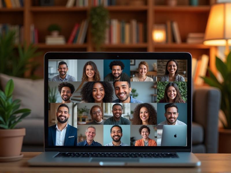 A group of diverse professionals smiling and chatting during a virtual meeting on a laptop screen. The background shows cozy home settings, with warm lighting and plants, highlighting the human connection in a digital space.