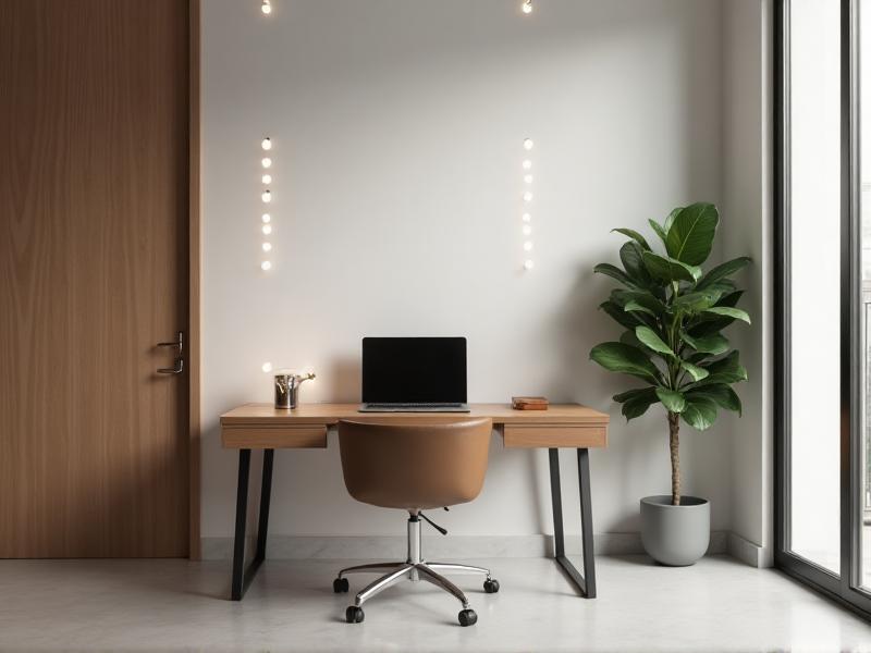 A serene home office with a minimalist design, featuring a laptop on a sleek desk, a comfortable chair, and a potted plant in the corner. The room is illuminated by soft, warm lighting, creating a peaceful and professional atmosphere for a remote job interview.