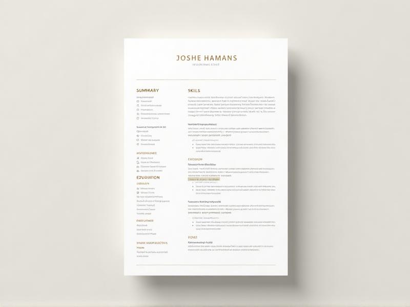 A neatly organized resume layout with sections for summary, skills, work experience, and education. The design is clean and professional, with a focus on readability.