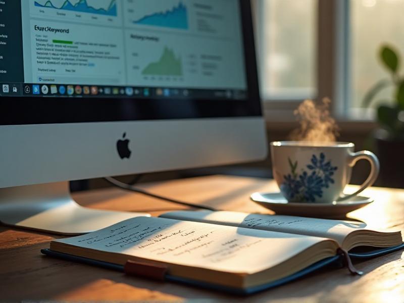 A close-up of a computer screen showing an Etsy seller dashboard with highlighted keywords and analytics graphs. The workspace includes a notebook with handwritten SEO tips and a cup of coffee, suggesting a productive and focused environment.