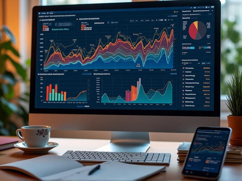 A detailed view of a social media analytics dashboard on a computer screen, showing graphs, charts, and key performance indicators. The workspace includes a notebook, coffee cup, and smartphone, suggesting a busy yet organized environment.