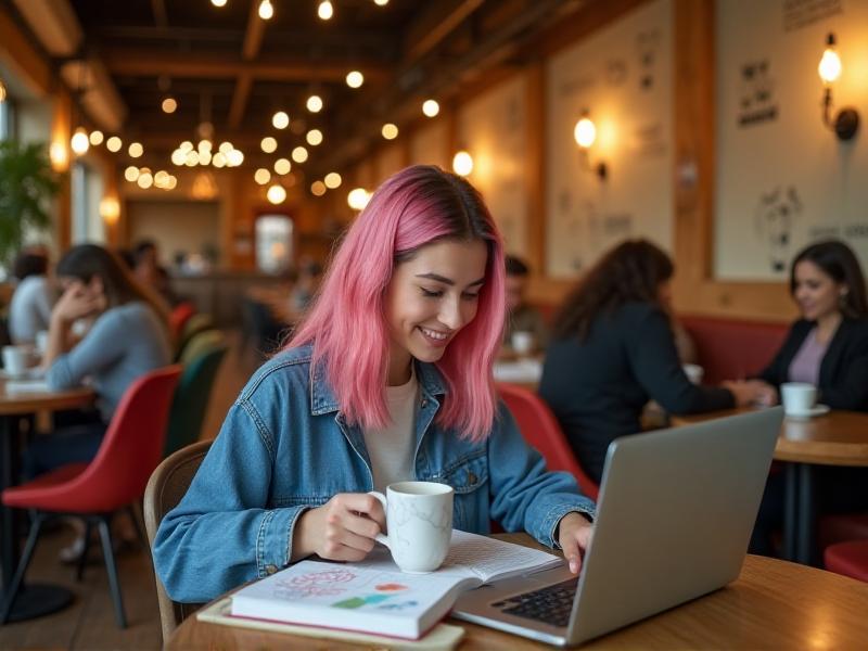 A cheerful young woman working on her laptop at a cozy café, surrounded by a cup of coffee and a notebook. The image conveys the ease and flexibility of affiliate marketing, with warm lighting and a relaxed atmosphere.