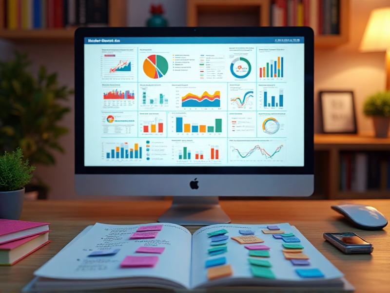 A detailed infographic on a computer screen showing market research data, with colorful charts and graphs. The workspace includes sticky notes and a notebook, emphasizing the process of identifying a niche and target audience.