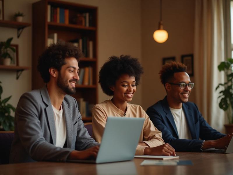 A diverse group of remote workers engaged in a video conference call on a laptop screen, with smiling faces and active participation. The background shows a cozy home office with bookshelves and soft lighting, emphasizing the importance of virtual connection.