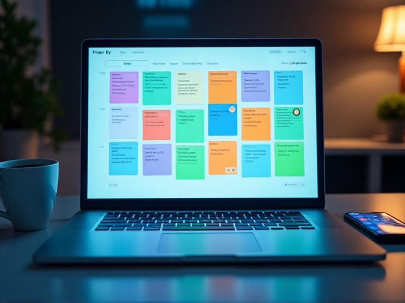 A digital project management board displayed on a laptop screen, with colorful task cards organized into columns labeled 'To Do,' 'In Progress,' and 'Completed.' The workspace includes a coffee cup and a smartphone, highlighting the efficiency of remote project planning.