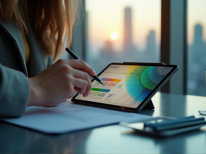 A close-up of a brand logo being designed on a graphic designer’s tablet, with a color palette and typography samples displayed on the screen. The workspace is minimalist, with natural light highlighting the creative process.