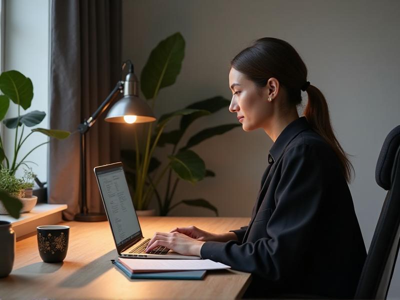 A remote worker sitting at a minimalist desk with a laptop, planner, and coffee cup. The workspace is organized, with natural light streaming through a window, symbolizing focus and productivity in a home office setting.