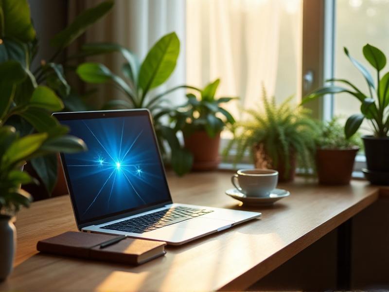 A minimalist workspace setup with a laptop, notebook, and coffee cup on a wooden table, surrounded by plants and soft natural lighting.