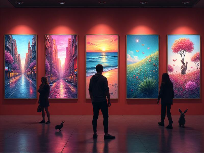 A collection of digital art pieces displayed in a gallery setting, each showcasing a distinct, vibrant style with bold colors, intricate details, and a surreal, dreamlike quality.