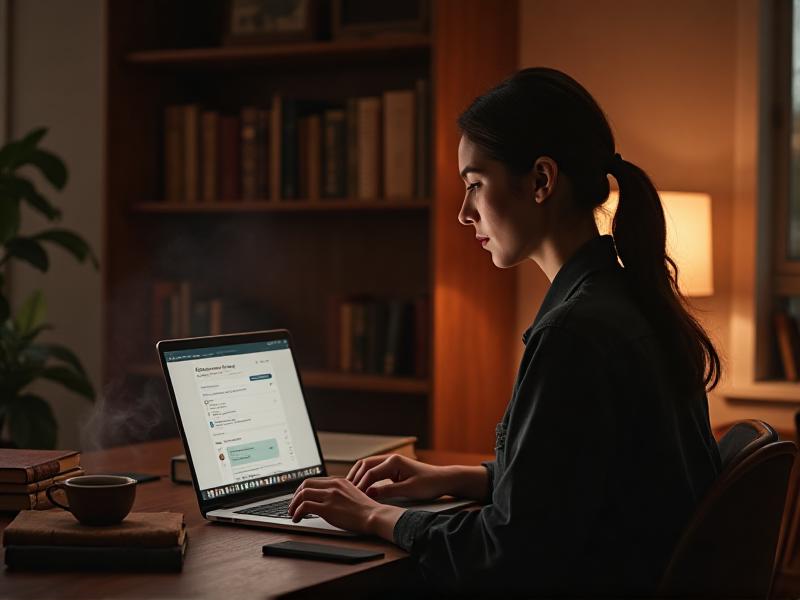 A woman sitting at a desk with a laptop, surrounded by notebooks and a cup of tea. The screen shows an online course platform with a progress bar. The room is cozy, with warm lighting and a bookshelf in the background. The mood is focused and hopeful.