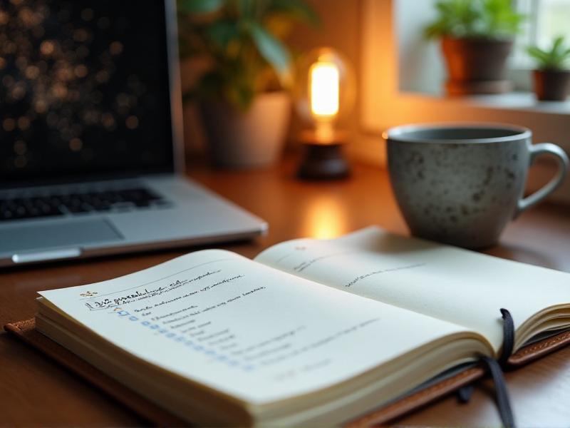 A close-up of a notebook with a to-do list, featuring neatly written tasks with checkboxes. The notebook is placed on a wooden desk next to a cup of coffee and a laptop. The warm lighting suggests a cozy and organized workspace.