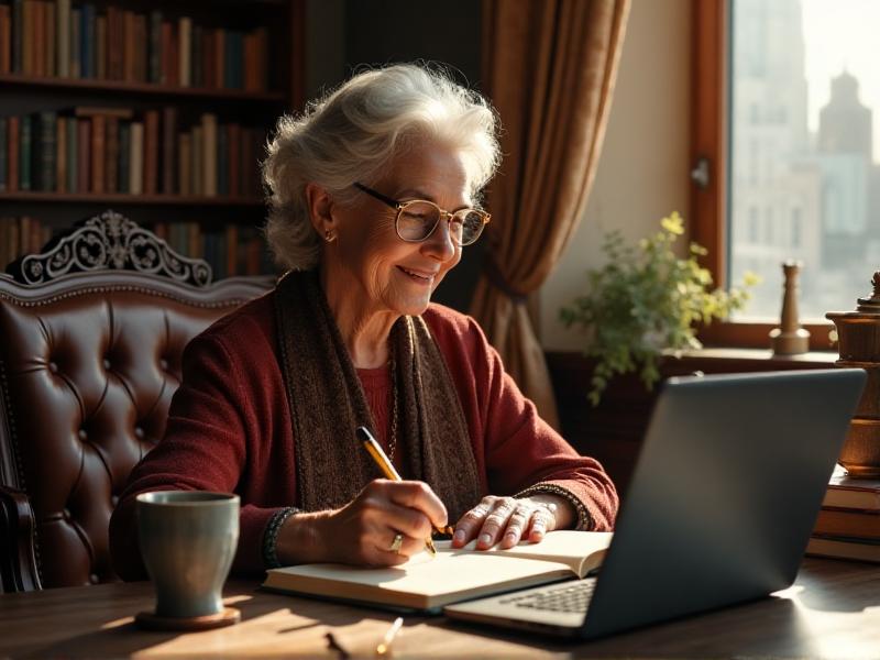 A senior woman sitting at a desk with a laptop, taking notes from an online course, surrounded by books, a cup of coffee, and a warm, inviting atmosphere.