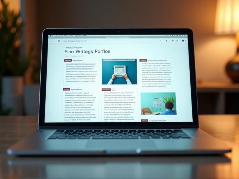A sleek digital portfolio displayed on a laptop screen, featuring various articles, blog posts, and case studies. The clean design and professional layout highlight the importance of a strong portfolio in freelance writing.