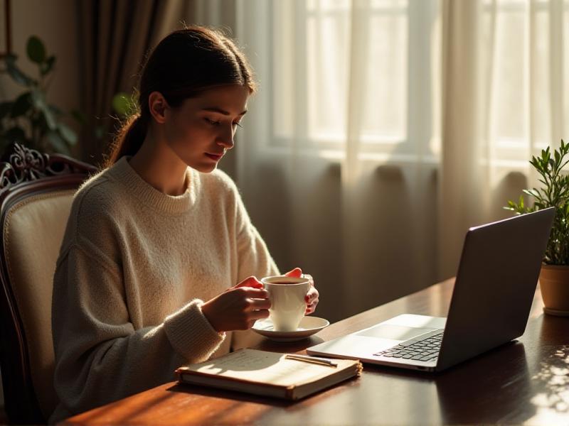 A person sitting at a desk with a cup of coffee, a notebook, and a laptop, bathed in soft morning light. The scene conveys a sense of calm and readiness for the day ahead.