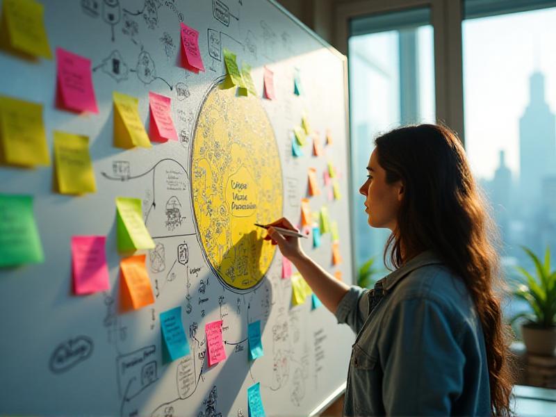 A close-up of a person brainstorming ideas on a whiteboard, with colorful sticky notes and diagrams. The setting is a creative workspace with a focus on innovation and problem-solving. The image highlights the process of defining a unique value proposition.