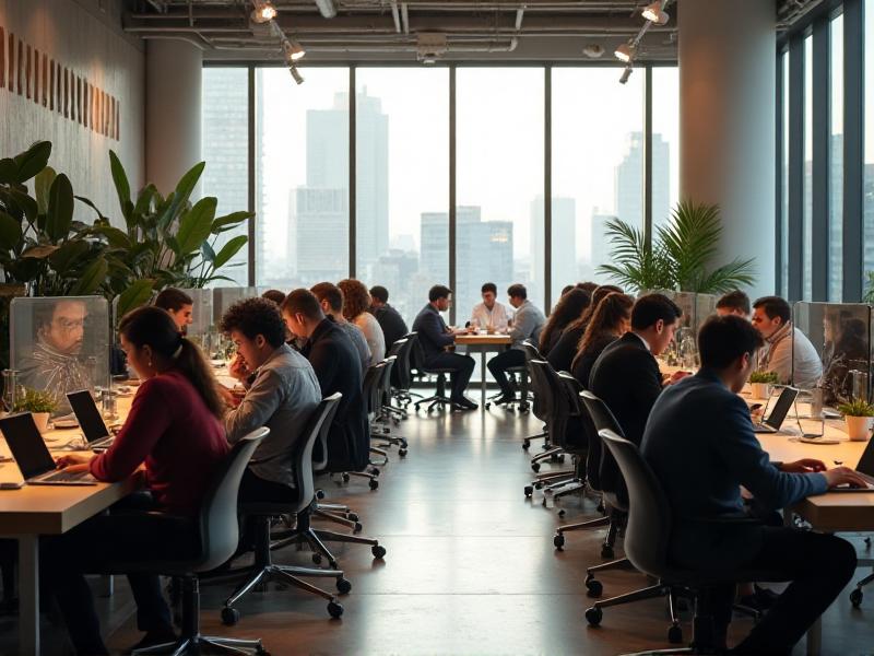 A bustling co-working space in a modern city with diverse professionals collaborating at desks, large windows offering a view of a vibrant urban skyline, and natural light flooding the room.