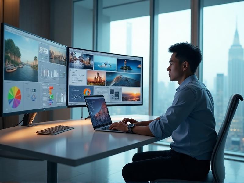 A digital marketer working on a laptop surrounded by multiple screens displaying stock photos, emphasizing the convenience and efficiency of using stock imagery.