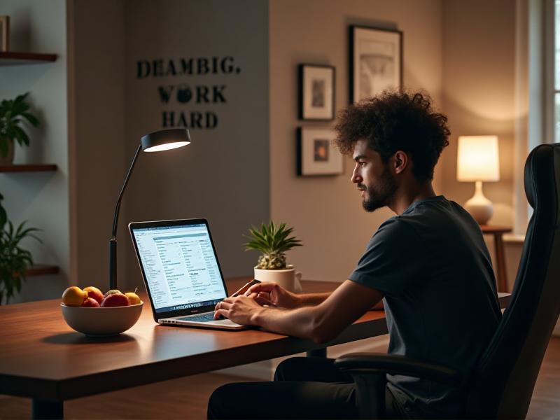 A person sitting at a desk with a laptop, browsing job listings on a remote work platform. The screen displays various job postings with titles like 'Content Writer,' 'Graphic Designer,' and 'Virtual Assistant.' The room is softly lit, with a motivational quote on the wall that reads 'Dream Big, Work Hard.'