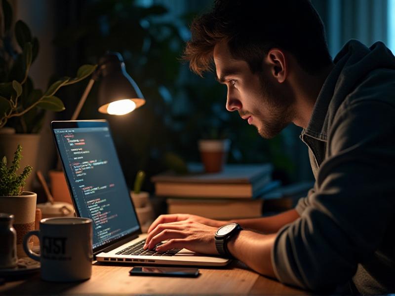 A close-up of a person typing on a laptop at a cluttered desk, surrounded by notebooks, coffee mugs, and a desk lamp. The room is dimly lit, with a focus on the intense concentration of the individual, conveying the hard work and dedication required for online success.