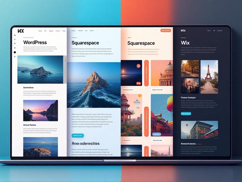 A split-screen comparison of four different portfolio platforms: WordPress, Squarespace, Wix, and Behance. Each screen shows a unique design layout, with vibrant colors, clean typography, and examples of creative work displayed in various formats.