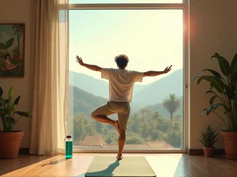 A remote worker standing by a large window, stretching during a break. The room is bright and airy, with a yoga mat and a water bottle on the floor. The worker is dressed casually, reflecting the flexibility of remote work.