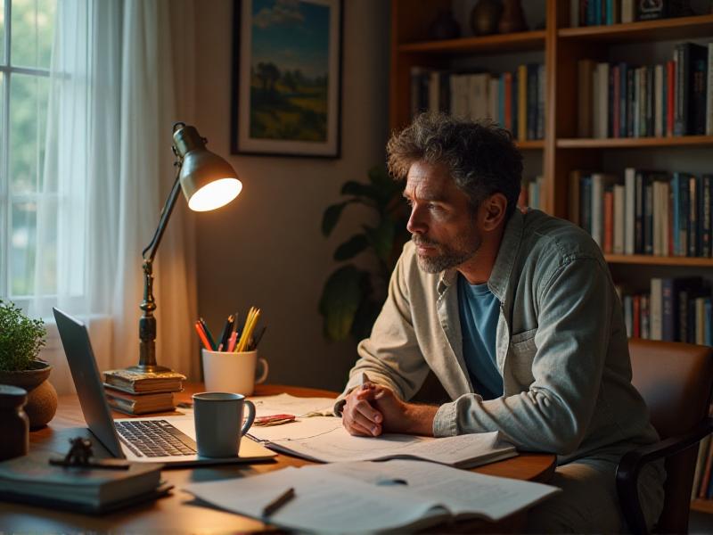 A person brainstorming with a notebook and laptop, surrounded by books and educational materials, in a cozy home office setting.