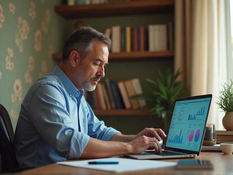 A person sitting at a desk, thoughtfully browsing a laptop screen with graphs and charts. The scene is set in a cozy home office with soft lighting, emphasizing the process of identifying a niche and skills.