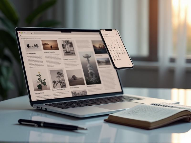 A sleek digital portfolio displayed on a laptop screen, featuring a variety of projects with clean layouts and professional descriptions. The screen is surrounded by a notebook, a pen, and a smartphone, emphasizing the importance of a well-presented portfolio in the freelancing world.