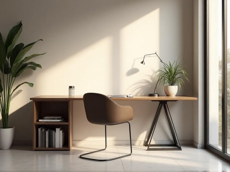 A modern, compact desk with a sleek chair and a small bookshelf in a minimalist home office. The setup is clean and efficient, with a focus on maximizing space.