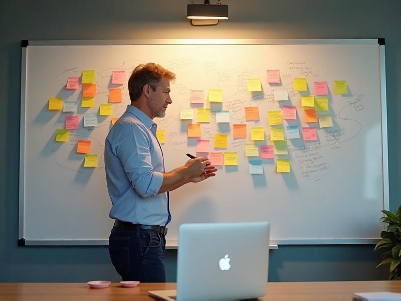 A person writing ideas on a whiteboard with colorful markers, surrounded by sticky notes and a laptop, depicting the process of brainstorming and organizing thoughts for a blog niche.