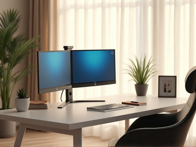 An ergonomic home office with a sleek white desk, a comfortable black office chair, and a dual-monitor setup. The desk is organized with a notebook, pen holder, and a small succulent plant. Soft daylight filters through sheer curtains, creating a serene and focused environment.