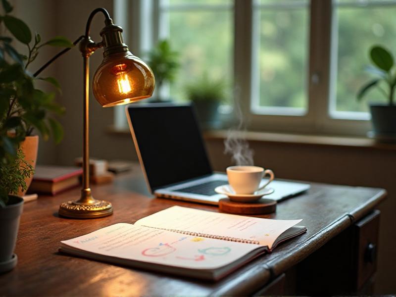 A cluttered desk with a notebook open to a to-do list, a laptop, and a cup of tea. The list is neatly organized with highlighted priorities, and the soft glow of a desk lamp creates a productive and focused ambiance.