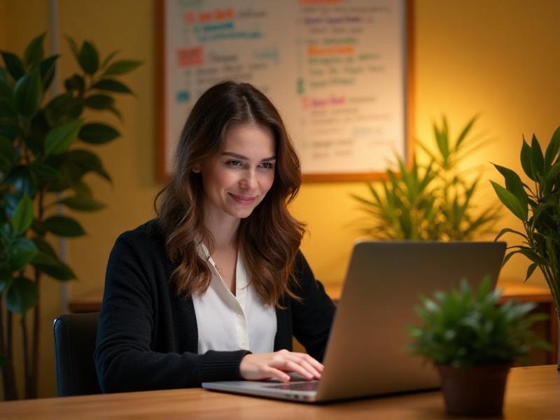 A photo of a young woman, Sarah, working on her laptop at a cozy home office. The room is filled with plants, and a whiteboard with financial goals is visible in the background. The lighting is warm, creating a motivated and focused atmosphere.