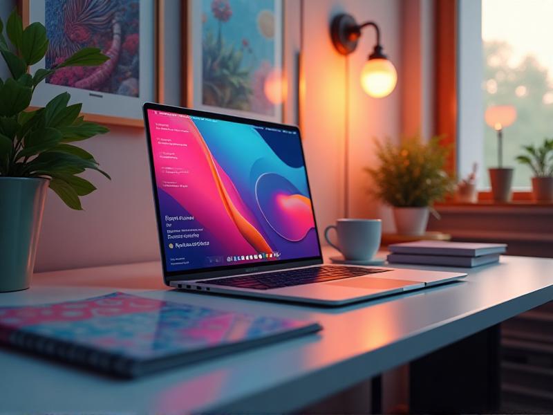 A creative workspace with a laptop displaying a digital product mockup, surrounded by notebooks, a coffee cup, and vibrant office decor, emphasizing the ease of creating and selling digital assets.