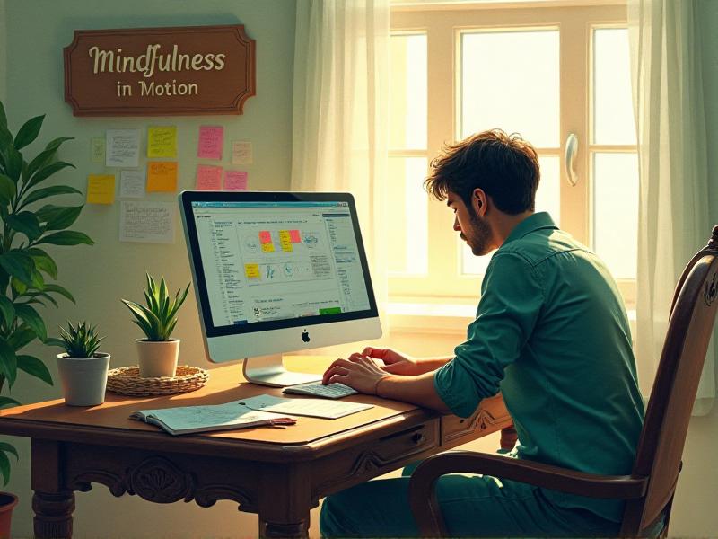 A focused individual sitting at a wooden desk with a laptop, surrounded by sticky notes and a notebook filled with lists and diagrams. The room is bathed in soft, natural light, creating a calm and productive atmosphere.