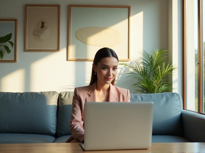 A young professional sitting on a couch with a laptop, smiling confidently while working. The background shows a bright, modern living room with plants and sunlight streaming in, symbolizing a positive start to a remote work journey.