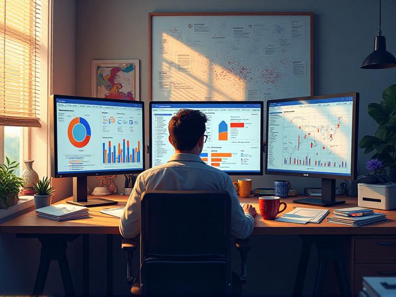 A digital marketer analyzing data on a laptop screen, with multiple monitors displaying social media analytics, email campaign performance, and SEO metrics. The workspace is cluttered with notebooks and coffee mugs, indicating a busy and focused work environment.