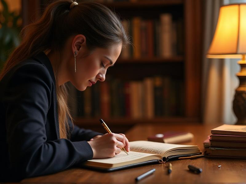 A person sitting at a desk, writing in a journal with a thoughtful expression. The background is a cozy home office with bookshelves and warm lighting. The image conveys the process of crafting a personal brand story in a reflective and intimate setting.