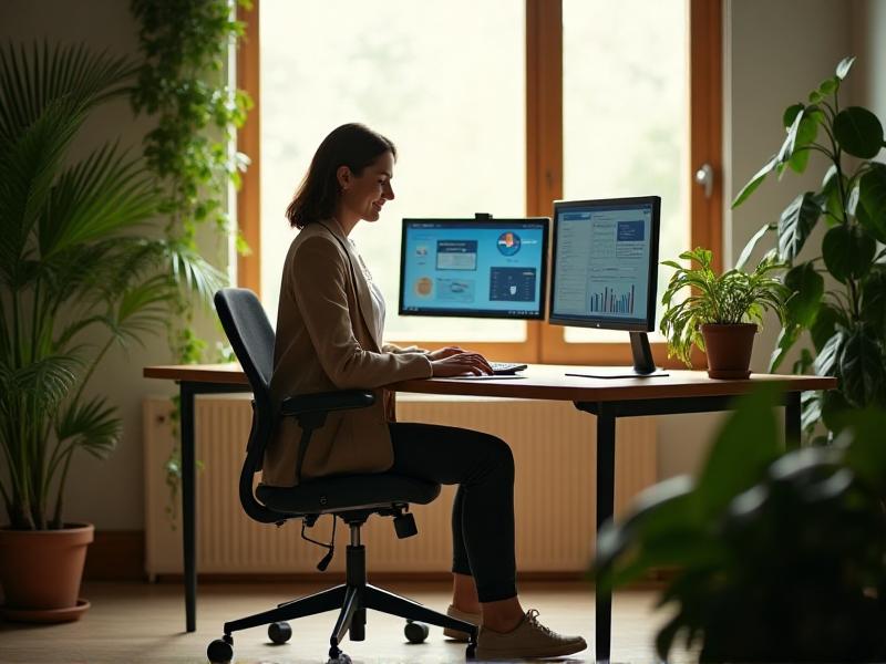 A freelancer working on a laptop in a modern home office, surrounded by plants and natural light, with a second monitor displaying a project management dashboard, representing the efficiency and creativity of freelance work.