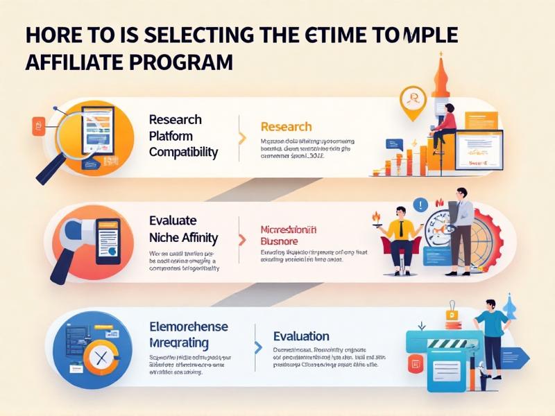 A detailed infographic showing a step-by-step guide to choosing the right affiliate program. The infographic includes icons representing research, niche alignment, and program evaluation, with a modern design and vibrant colors.