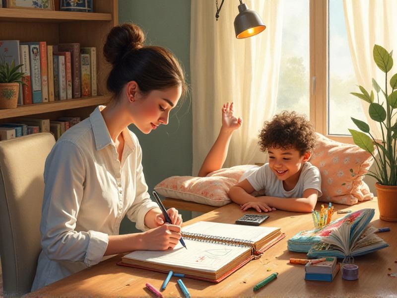 A mother sitting at her desk with a planner open, planning her day while her child plays nearby. The room is cozy, with warm lighting and a sense of order and calm.