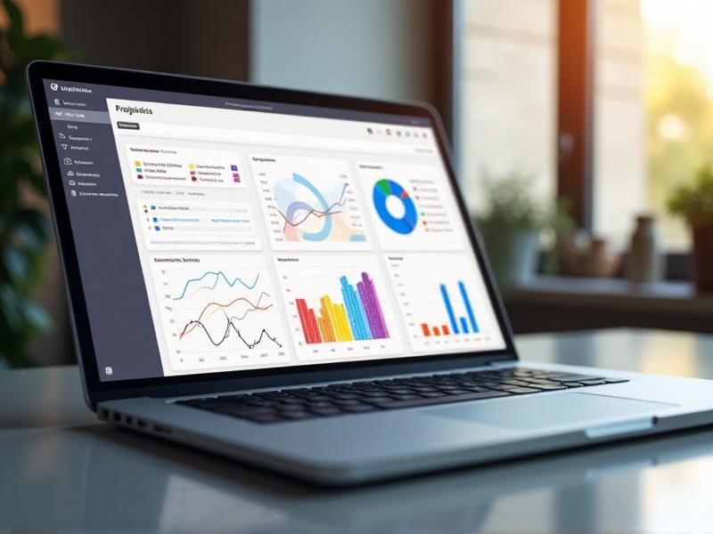 A close-up of a laptop screen displaying a project management dashboard with colorful charts and task lists. The image highlights the efficiency and organization that technology brings to remote work.