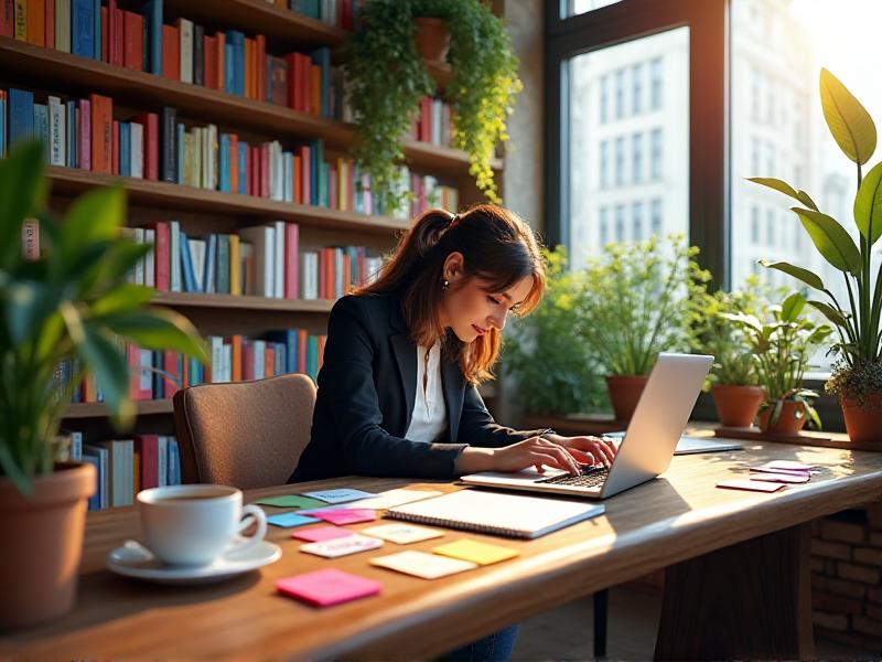 A vibrant and creative workspace for a social media manager, featuring a desk with a laptop, colorful sticky notes, a sketchpad with design ideas, and a cup of coffee. The background includes shelves filled with books and plants, creating an inspiring atmosphere.