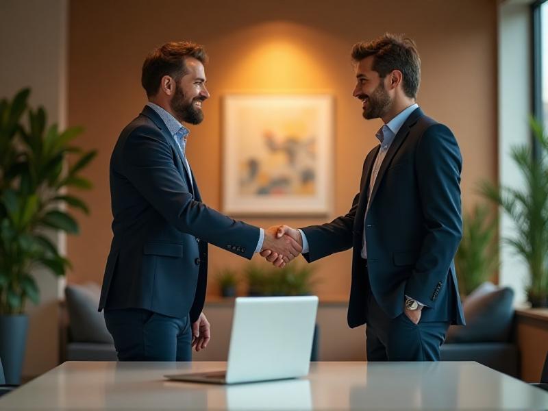 A handshake between a podcaster and a sponsor, symbolizing a successful partnership. The scene is set in a bright, professional office space with a modern desk and laptops, emphasizing collaboration and trust.